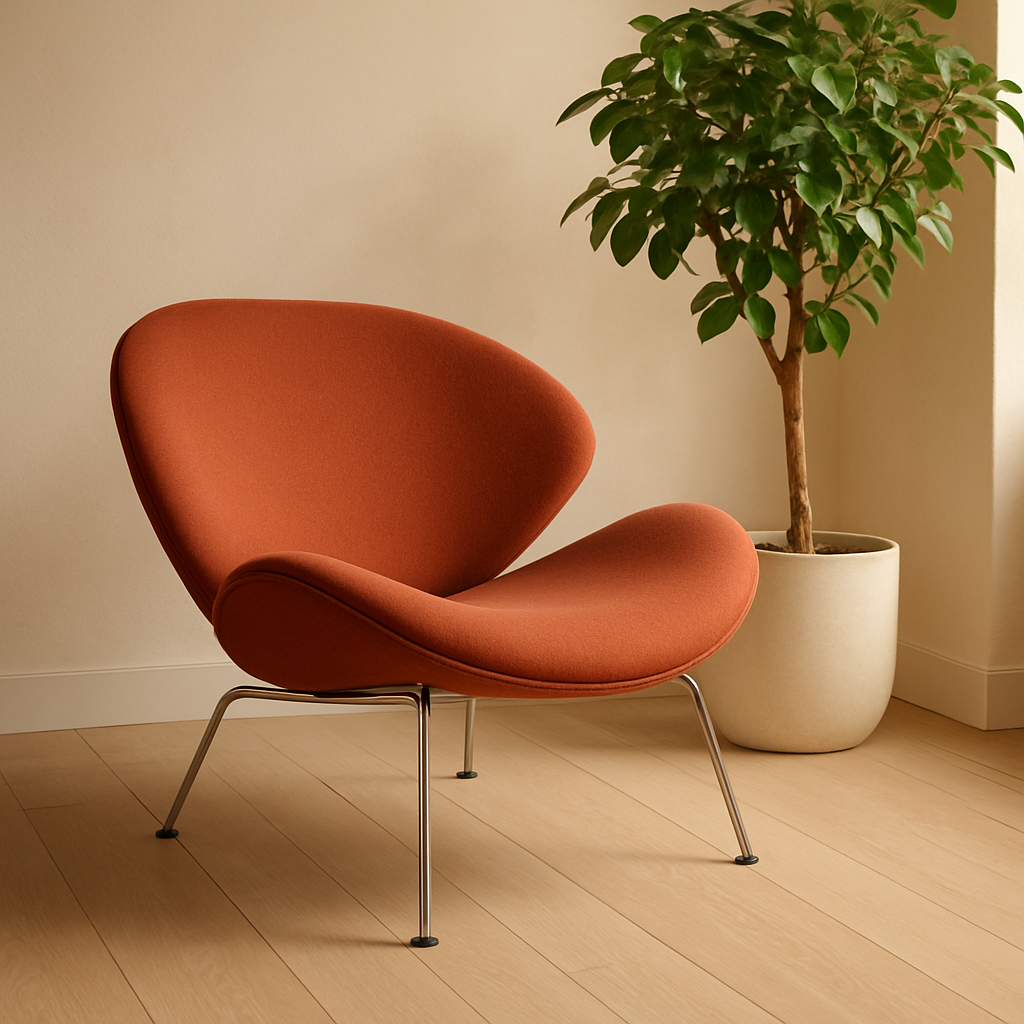 Gestoffeerde oranje designfauteuil in een licht interieur