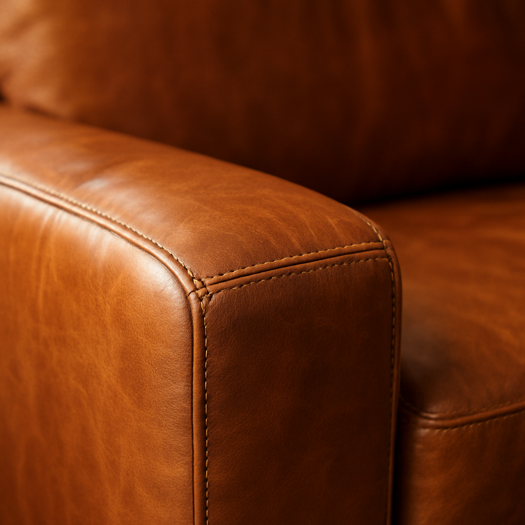 Detail van gerestaureerd cognac leren meubel