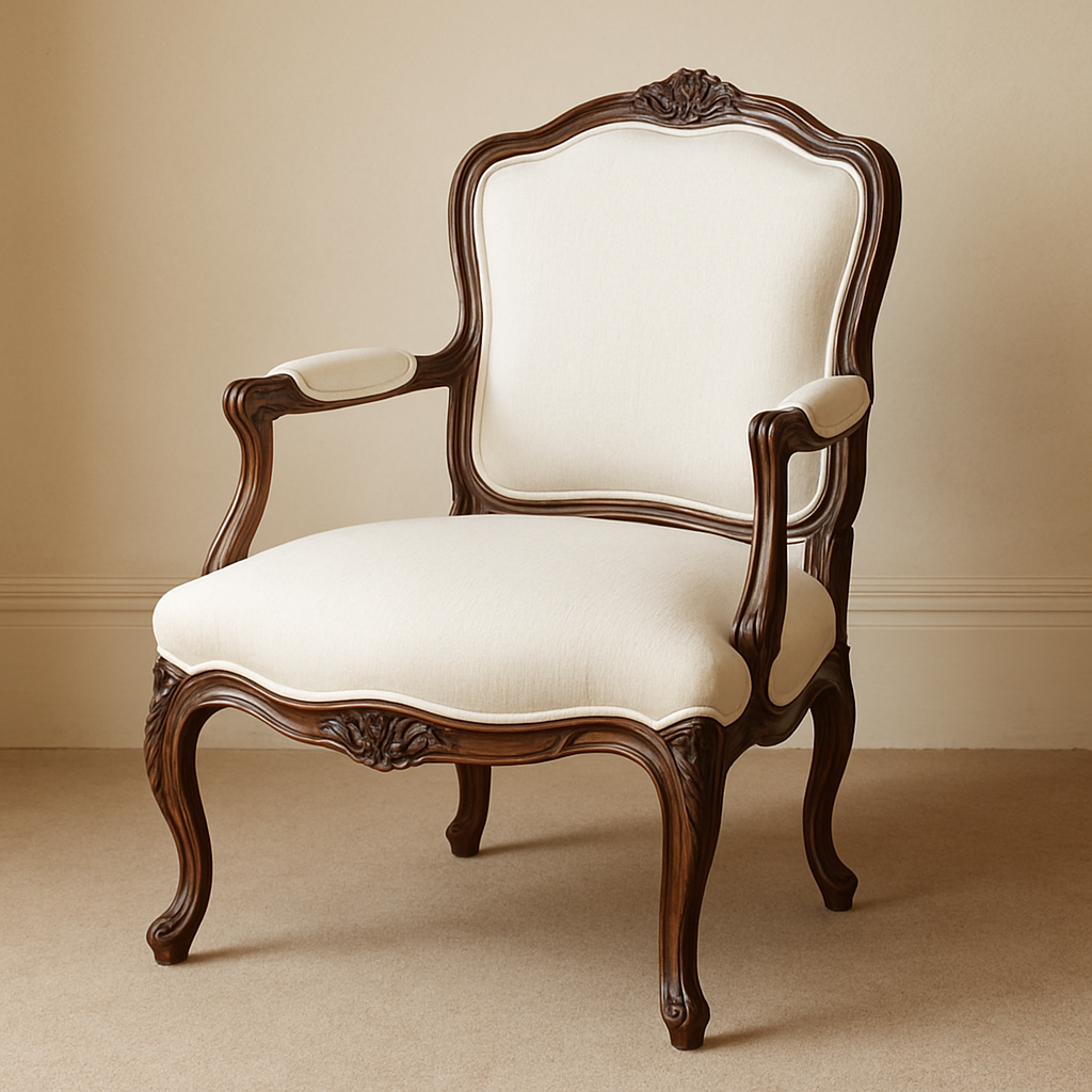 Gerestaureerde klassieke fauteuil opnieuw bekleed met crème stof