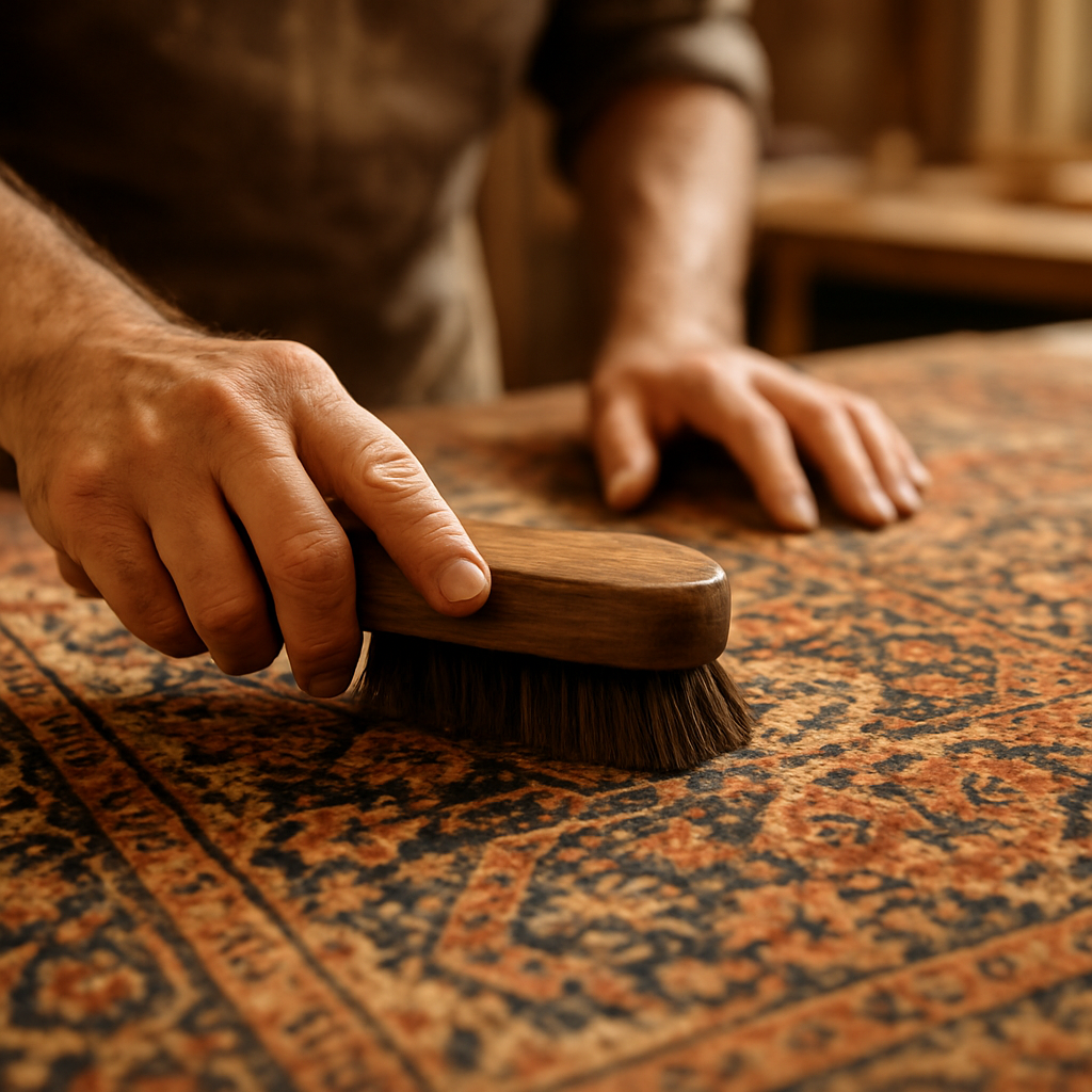 Vakman reinigt een vloerkleed met de hand